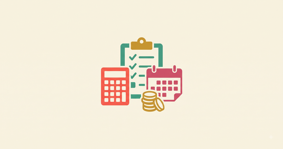Flat vector illustration of a calculator, checklist, calendar, and stack of coins, representing quinceañera budget planning.